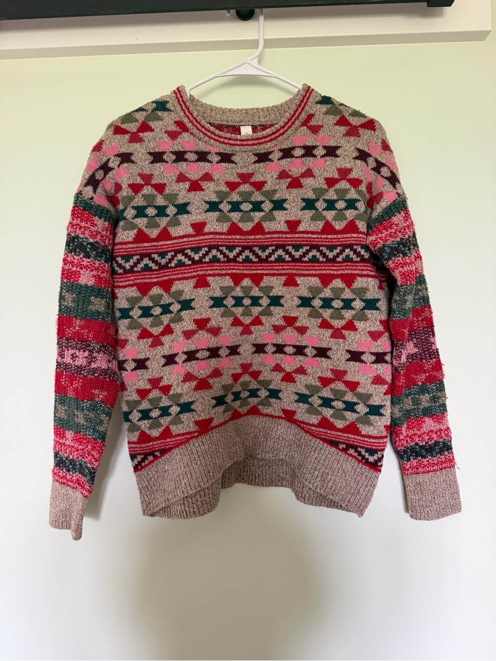 Aeropostale Pink, Green & Beige Geometric Crewneck Sweater